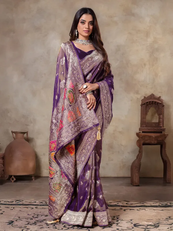 Dark purple wedding wear tissue silk saree