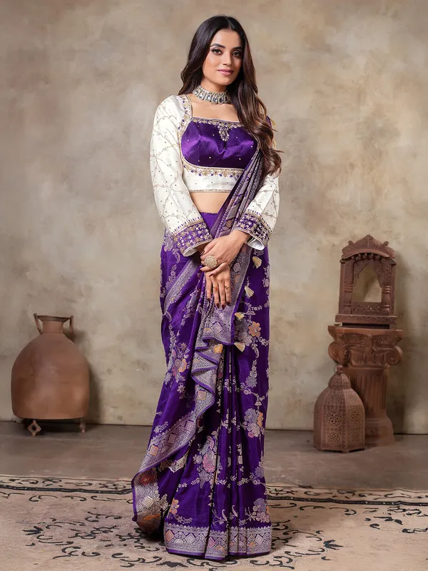 Dark purple zari weaving saree in dola silk