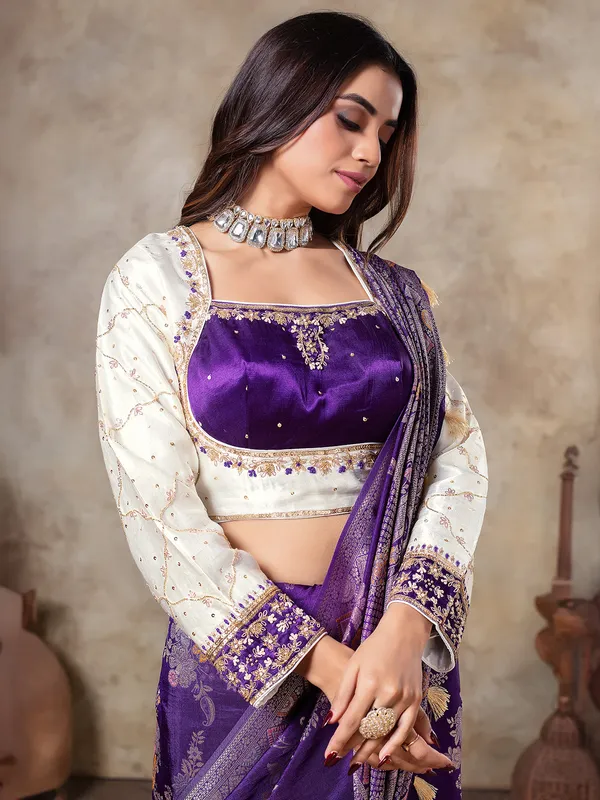 Dark purple zari weaving saree in dola silk