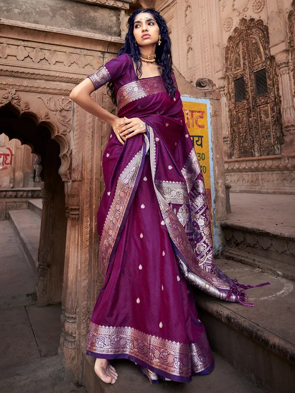 Dark purple zari weaving silk saree