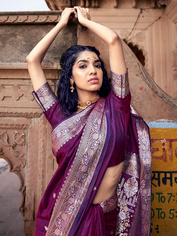 Dark purple zari weaving silk saree