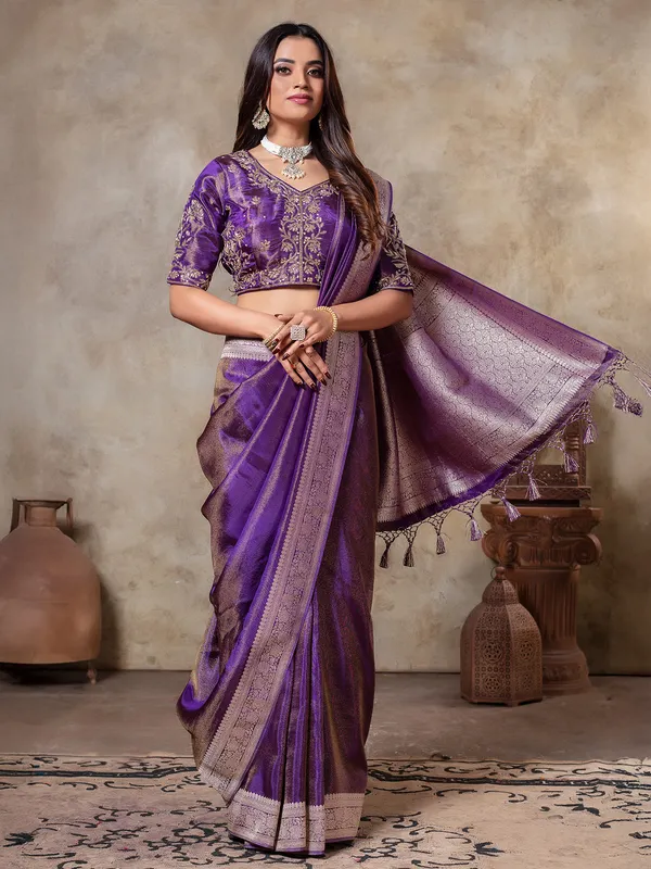 Dark purple zari weaving silk saree for women