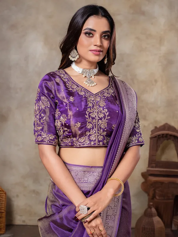 Dark purple zari weaving silk saree for women