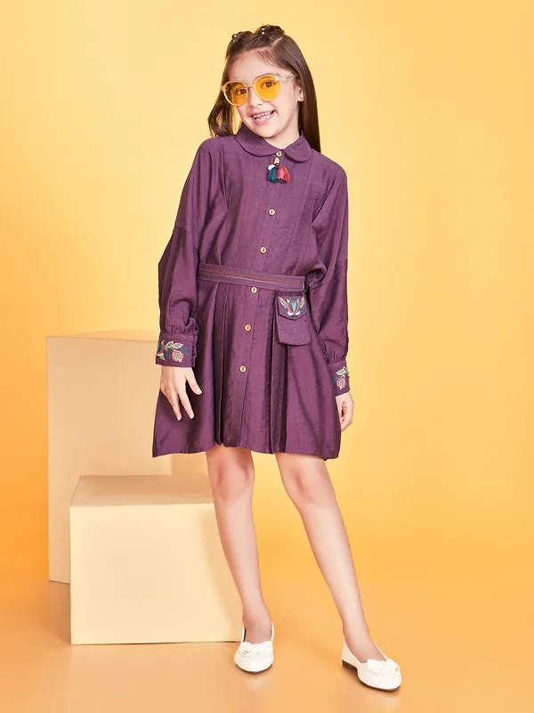 Dark wine cotton silk frock for girls