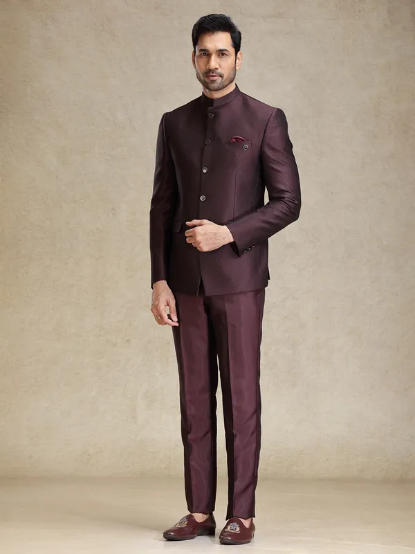 Dark wine textured bandhgala jodhpuri set
