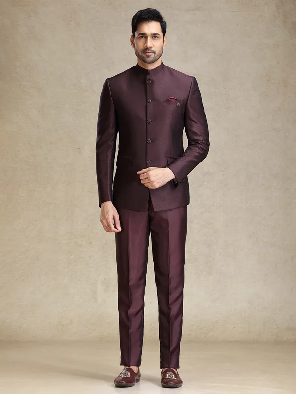 Dark wine textured bandhgala jodhpuri set
