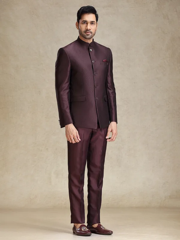 Dark wine textured bandhgala jodhpuri set