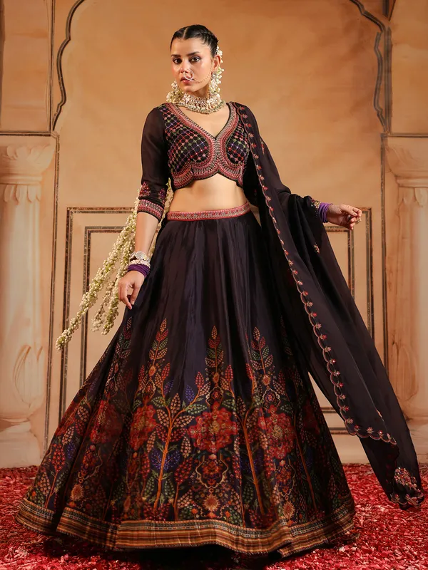 Dark wine wedding wear satin silk lehenga choli