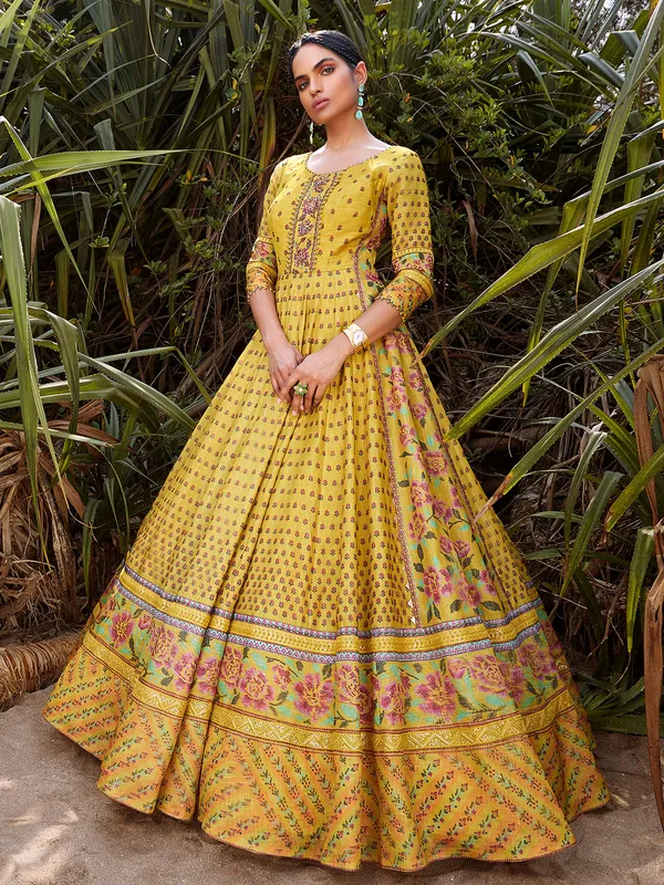Dark yellow chanderi silk floor length anarkali suit