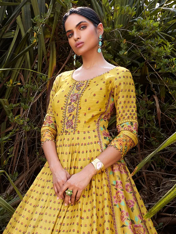 Dark yellow chanderi silk floor length anarkali suit