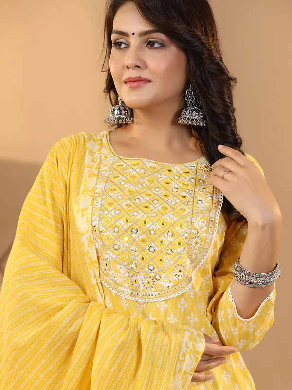 Yellow cotton kurti set in printed
