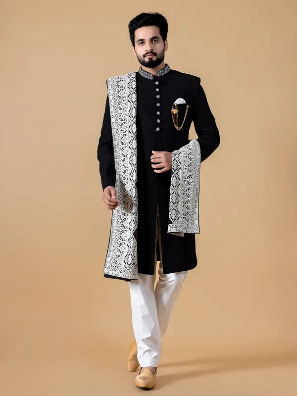 Dashing black indowestern in terry rayon