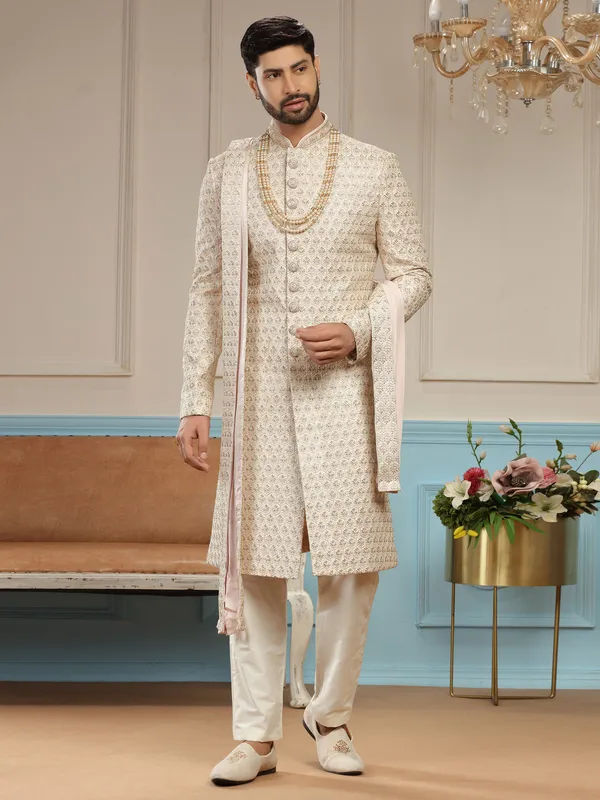 Dashing groom peach silk sherwani