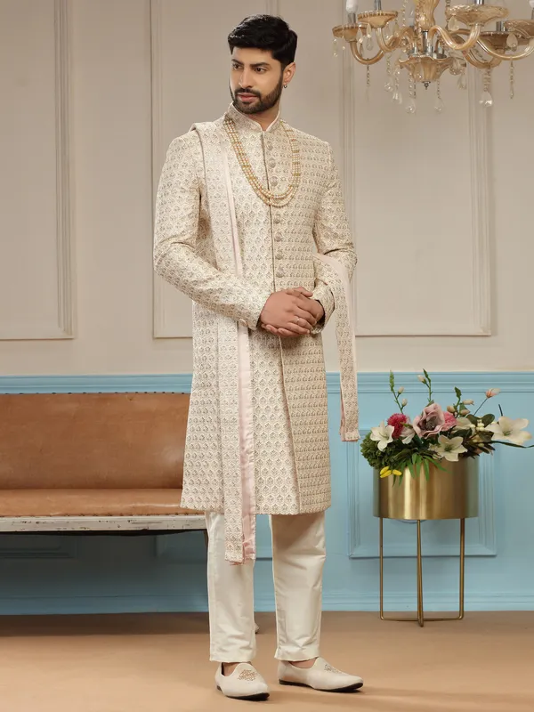 Dashing groom peach silk sherwani