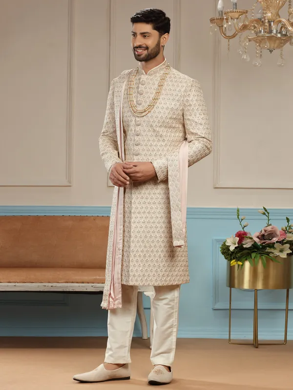 Dashing groom peach silk sherwani