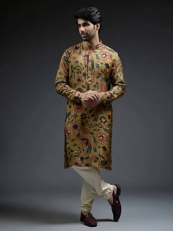 Dashing mehndi green flower printed silk kurta suit