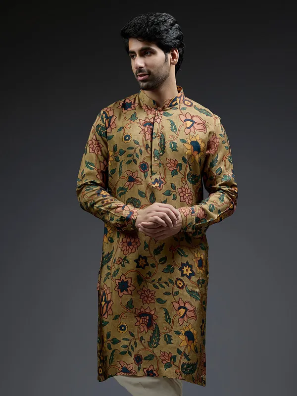 Dashing mehndi green flower printed silk kurta suit