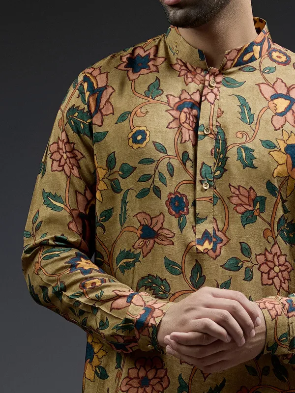Dashing mehndi green flower printed silk kurta suit