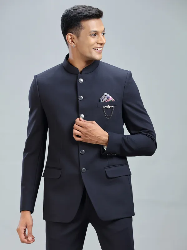 Dashing navy jodhpuri blazer in premium terry rayon fabric