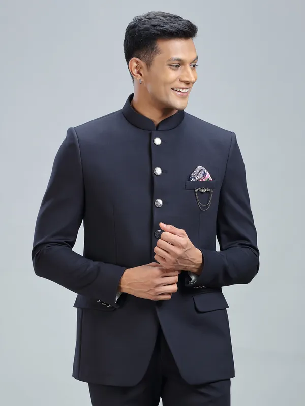 Dashing navy jodhpuri blazer in premium terry rayon fabric