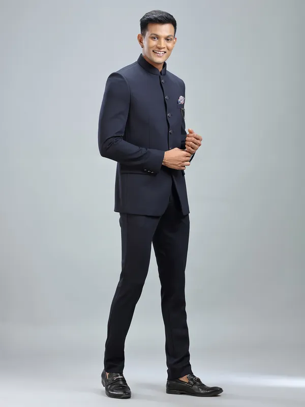 Dashing navy jodhpuri suit in premium terry rayon fabric