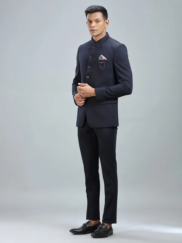 Dashing navy jodhpuri suit in premium terry rayon fabric
