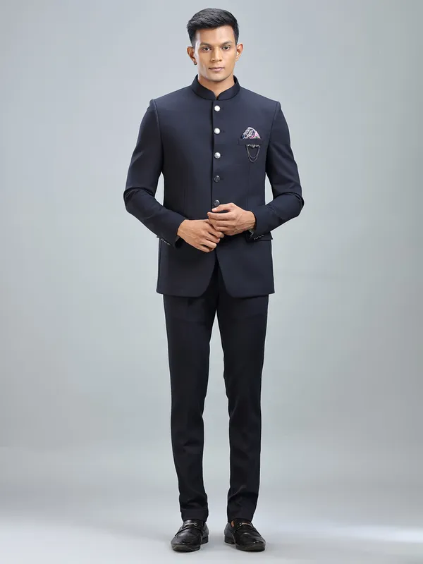 Dashing navy jodhpuri suit in premium terry rayon fabric