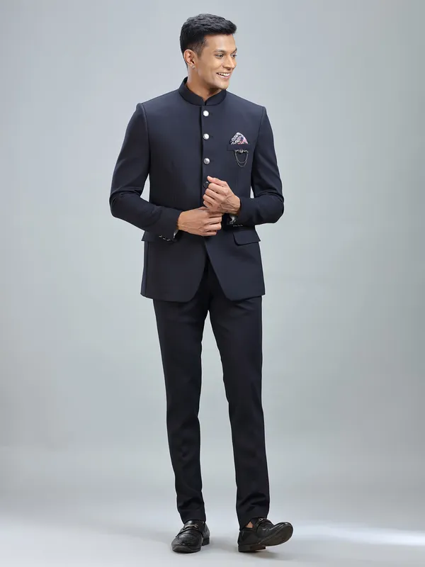Dashing navy jodhpuri suit in premium terry rayon fabric