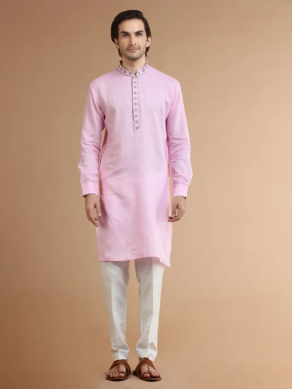 Dashing pink linen plain kurta suit