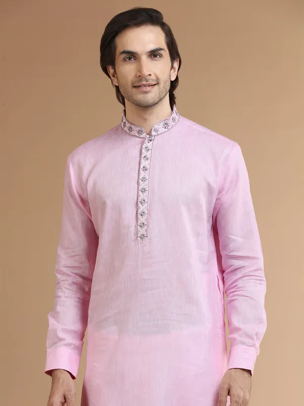 Dashing pink linen plain kurta suit