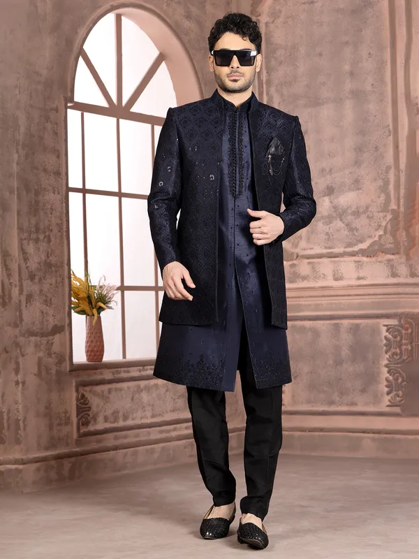 Dashing silk navy indowestern