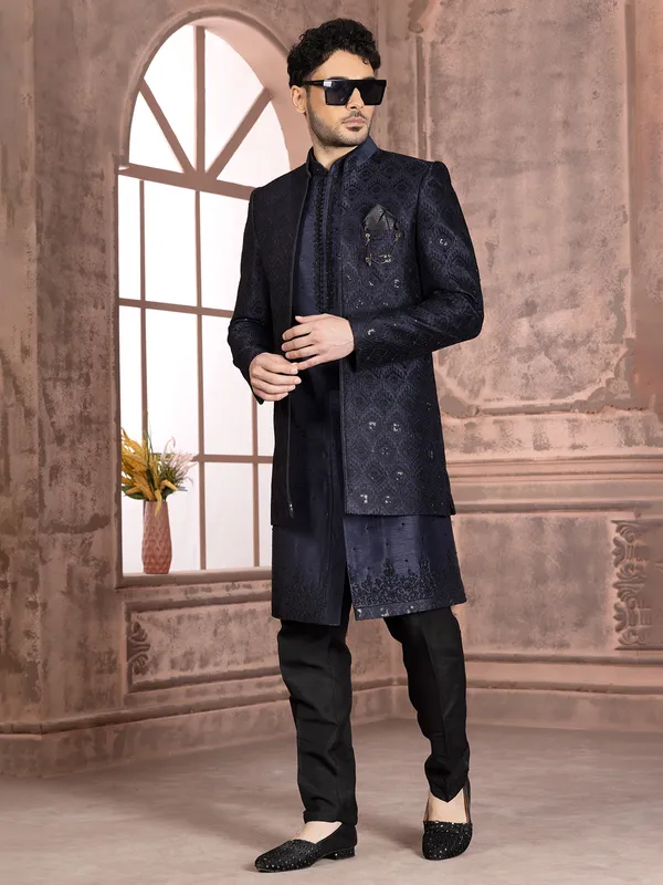 Dashing silk navy indowestern