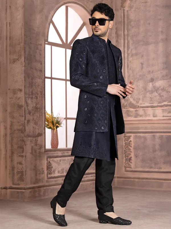 Dashing silk navy indowestern