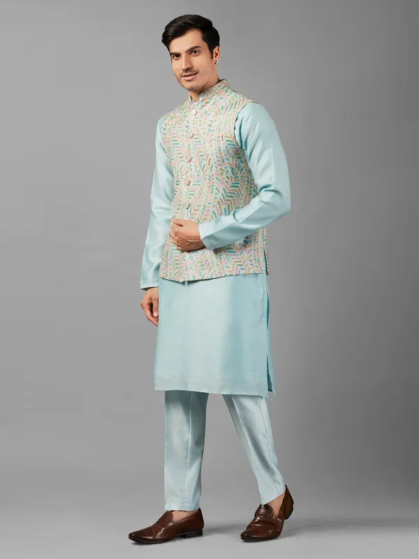 Dashing sky blue silk waistcoat set