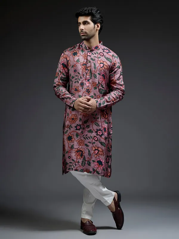 Dashing violet flower printed silk kurta suit