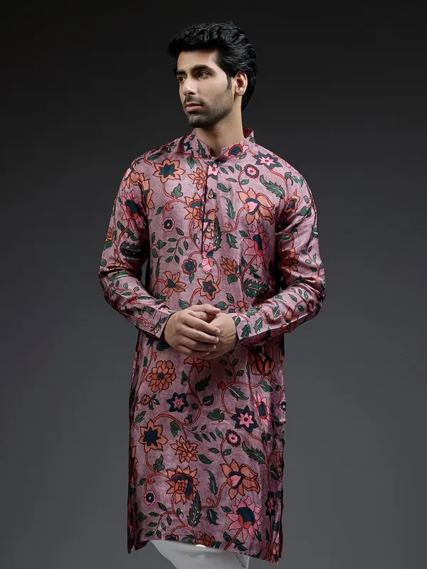 Dashing violet flower printed silk kurta suit