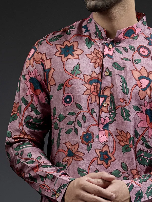 Dashing violet flower printed silk kurta suit