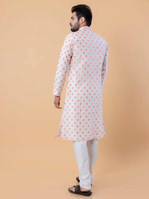Dashing white and peach cotton kurta suit