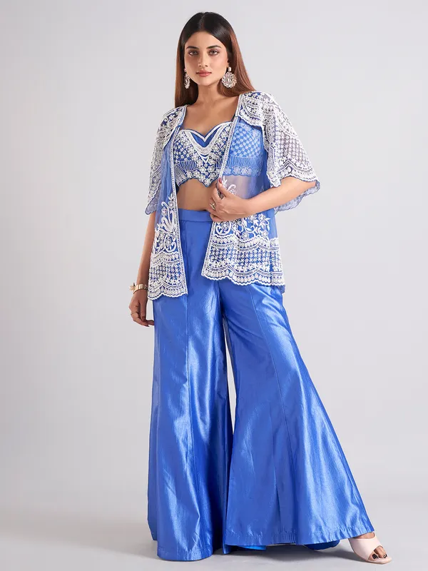 Dazzling blue satin palazzo salwar suit