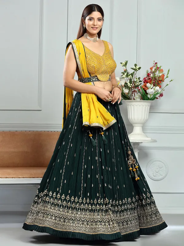 Dazzling dark green silk lehenga choli