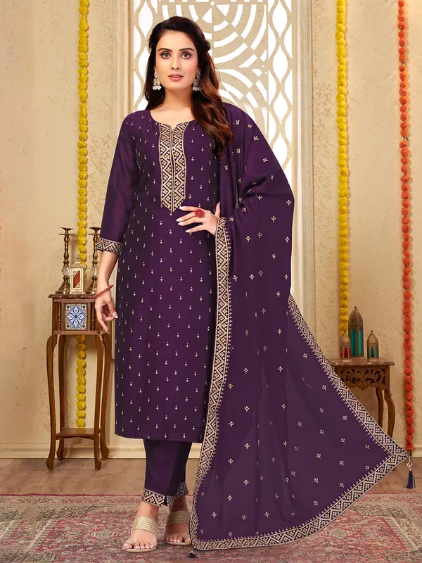 Dazzling dark purple silk salwar suit