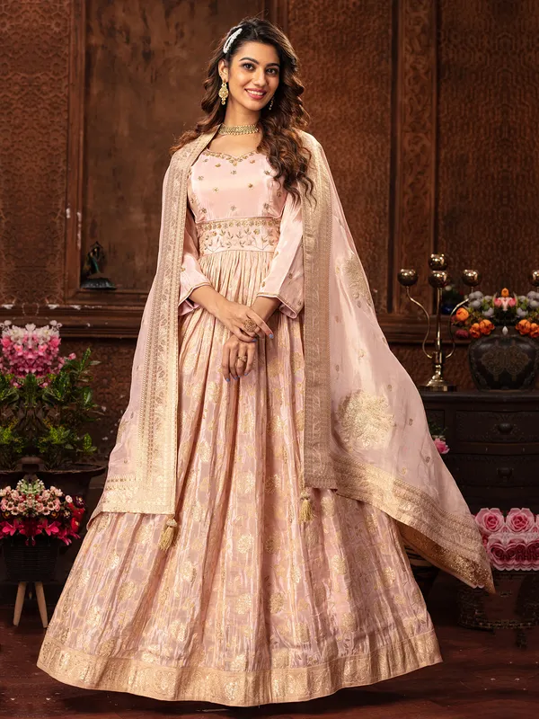 Dazzling light pink silk anarkali suit