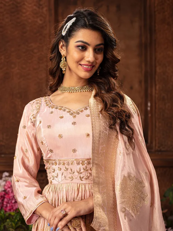 Dazzling light pink silk anarkali suit