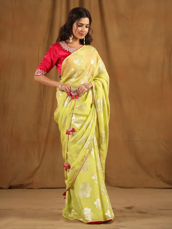 Dazzling lime green organza saree