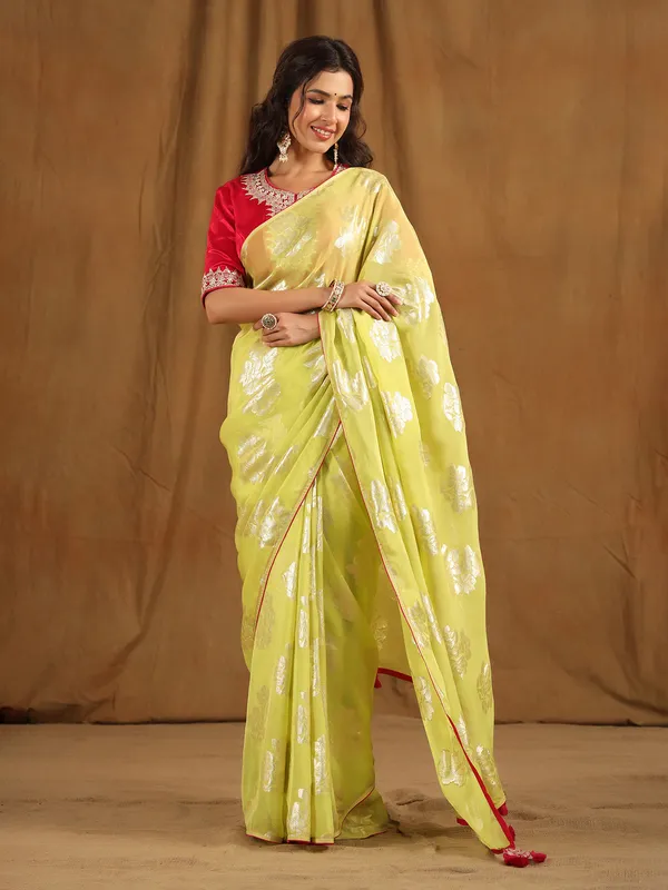 Dazzling lime green organza saree