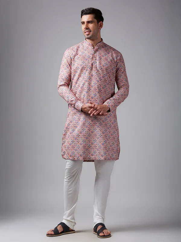 Dazzling multi color printed silk  Men Kurta pajama