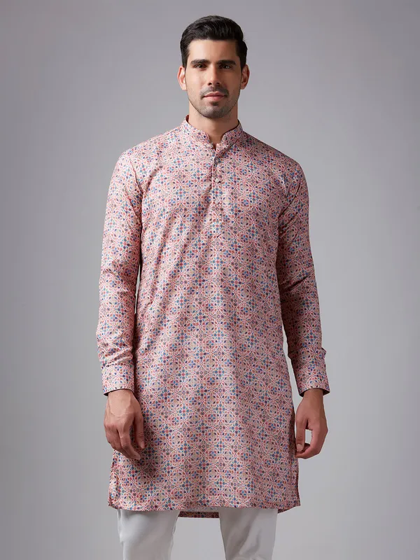 Dazzling multi color printed silk  Men Kurta pajama