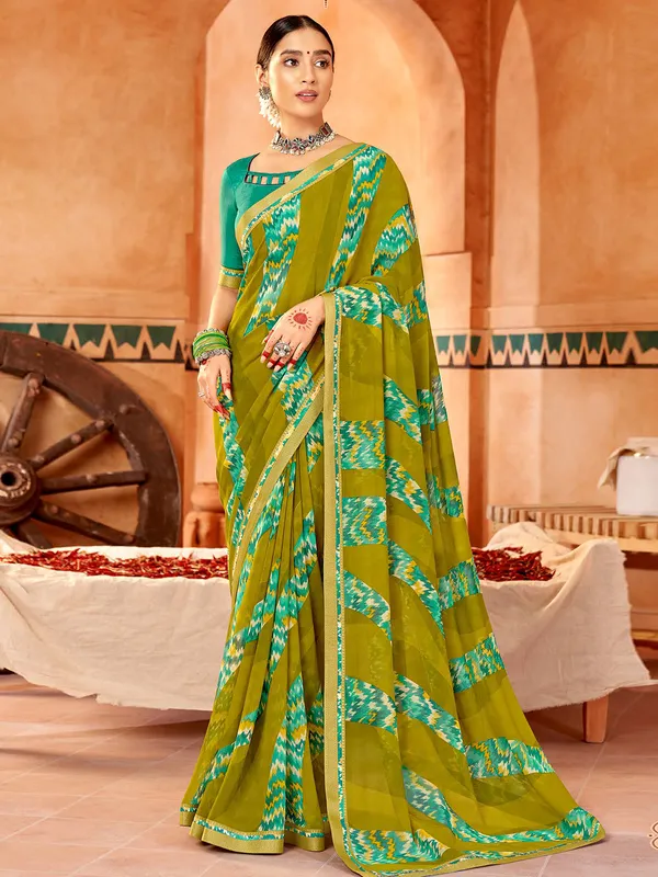 Dazzling olive georgette printed saree