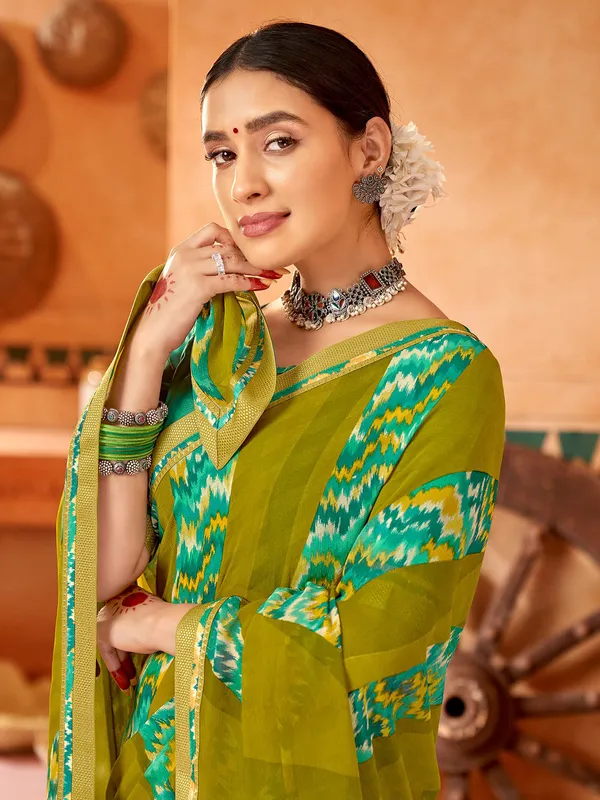 Dazzling olive georgette printed saree
