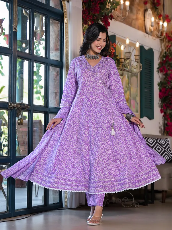 Dazzling purple cotton printed kurti set